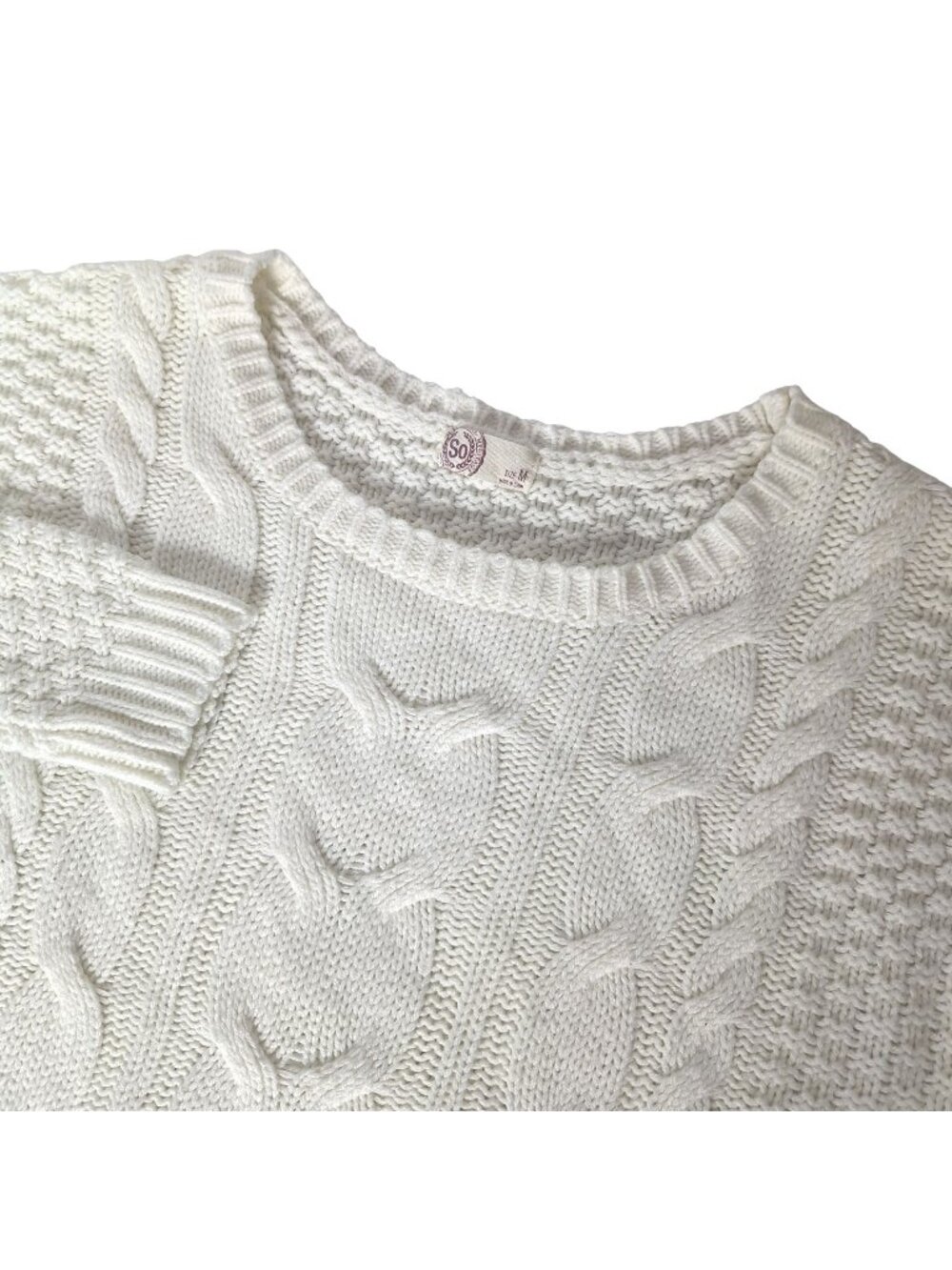 SO Heritage Cable Knit Sweater Womens Med White Cream Pullover Heavy Ribbed Cozy